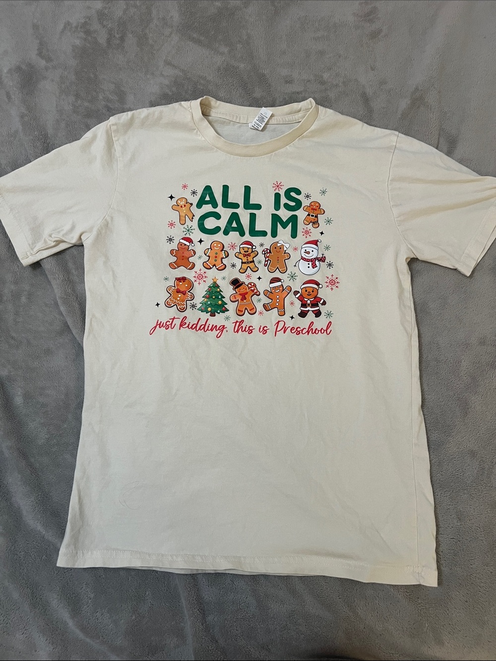 Gildan Cream Holiday Tee with Green and Red Festive Graphic